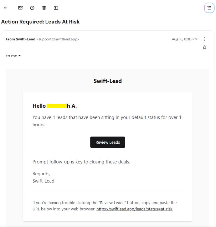 SwiftLead dashboard showing Lost Lead Prevention